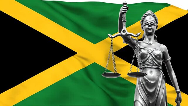 Lady Justice Statue with Jamaican Flag Background