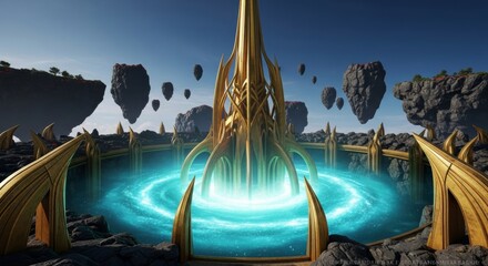 High Noon Establishing Shot of Asgard Golden Spire and Floating Basalt Islands