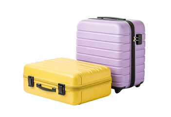Yellow and purple hard shell suitcases with wheels and handles, isolated on a transparent background