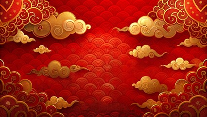 A vibrant red background with golden clouds and intricate designs