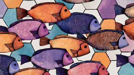Colorful fish pattern on hexagonal background