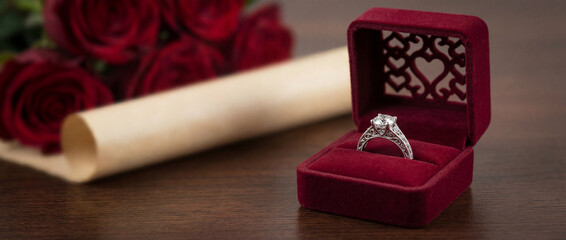 Engagement ring in velvet box with roses for Valentine&rsquo;s Day with copy space, for greeting cards and banners 