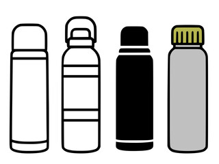 Thermos illustration in outline, silhouette, and color versions