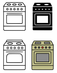Illustration of stove in outline, silhouette and color versions