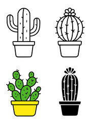 Cactus illustrations in outline, silhouette, and colored versions
