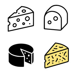 Cheese illustrations in outline, silhouette, and colored versions