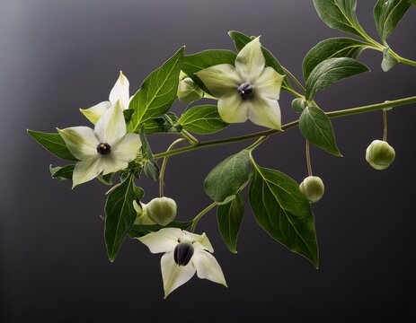 branch of belladonna or atropa belladonna showing flower leaves and ripe deadly berry