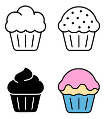 Muffin illustrations in outline, silhouette, and colored versions