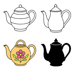 Teapot illustrations in outline, silhouette, and colored versions