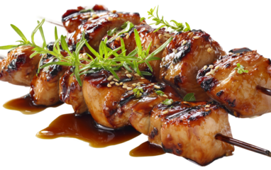 Gourmet freshly grilled teriyaki chicken skewers prepared for elegant and satisfying dinner isolated on transparent background PNG