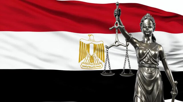 Egyptian flag waving with Lady Justice statue animation