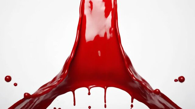 Dynamic splash of vibrant red liquid paint creating abstract shapes against a clean white background.