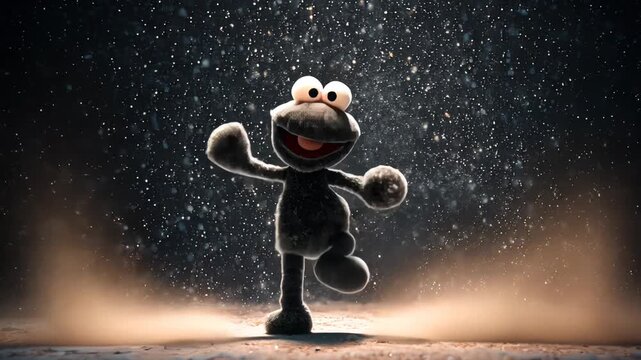 Muppet Style Puppet Character in Purple: A Colorful Childhood Memory with Silly Movements on Stage in Festive Scene