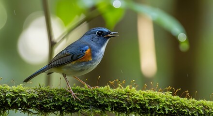 Obraz premium Small blue bird with orange wing patches perches on mossy branch.