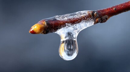 Macro photograph of a single icicle hanging from a branch, sunlight refracting through clear ice, with a water droplet poised to fall, showcasing intricate details and textures in a natural setting