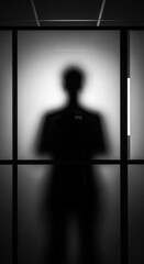 Opaque glass partitioning reveals a darkened human silhouette standing inside an illuminated interior space.