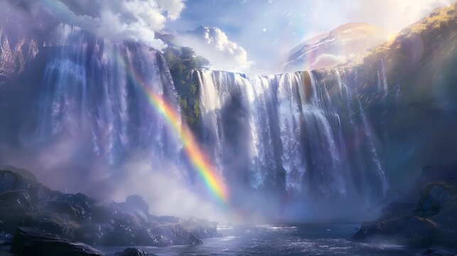 A dramatic waterfall plunging into a misty abyss with rainbows arching across the spray and creating a magical and surreal scene