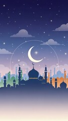 Beautiful Islamic Cityscape Under a Starry Night Sky with a Crescent Moon, Symbolizing Ramadan and Eid Celebrations