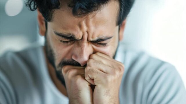 A man expressing deep emotional distress while holding his head in his hands, capturing a poignant moment of vulnerability.