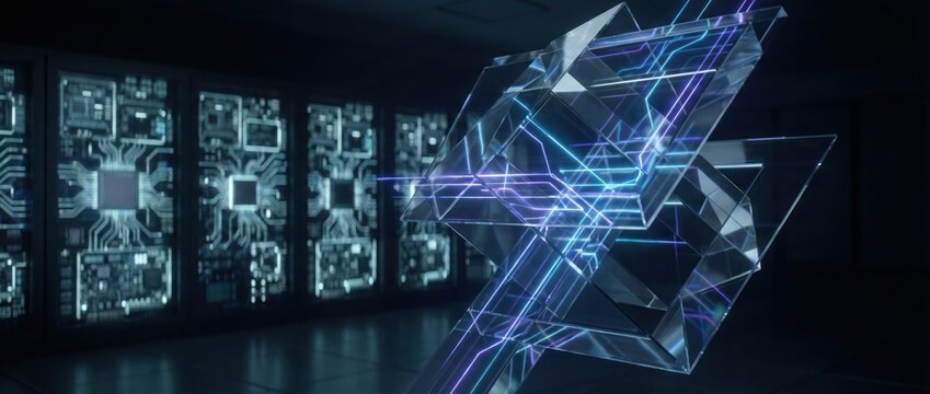 Abstract 3D glass quantum processor node with glowing blue circuit lines in server room. Futuristic data center hardware and cyber security technology background