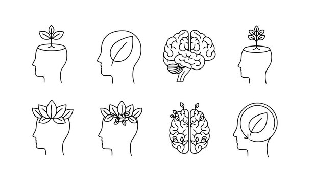 Eco mind line icon set with plant head, leaf brain, and sustainability symbols for nature and innovation