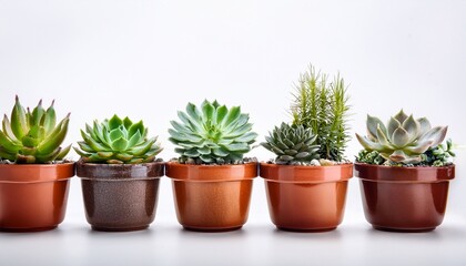 Obraz premium Line Of Potted Succulent Plants On A White Background