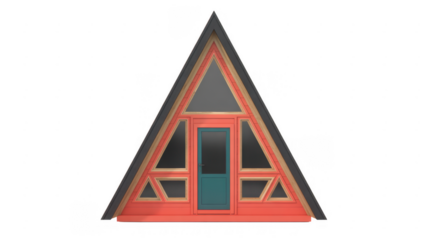 Orange A-frame house with green door and windows triangular isolated on a transparent background
