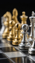 Silver pawn stands ready for battle on chessboard, strategic game of intellect and competition. Gold and silver pieces create powerful line in this intense challenge