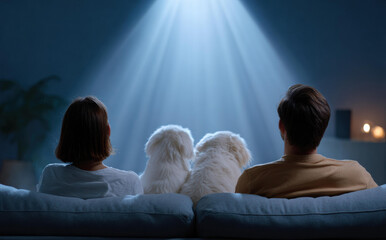 Cozy couple with two white dogs on couch enjoying movie night at home. Back view of family relaxing together in dark with bright light from screen