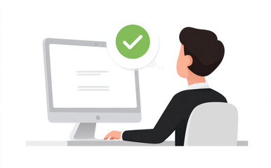 Satisfied businessman working on computer successfully completes task. monitor shows green checkmark icon symbolizing approval, verification, and successful job