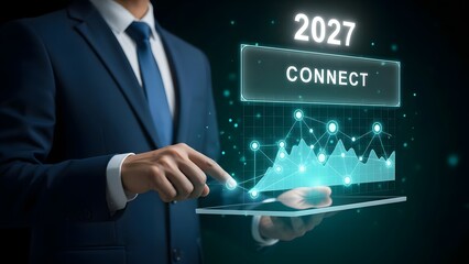 Businessman interacting with futuristic digital interface displaying 2027 connect and graph