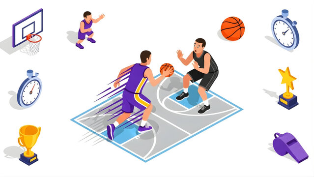 Basketball sport game isometric illustration with players, court, hoop, ball, stopwatch, and trophy