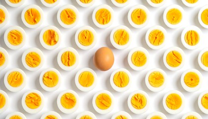 Top view of sliced hard boiled eggs arranged symmetrically on a clean background, editorial food stock style highlighting freshness, balance, and simple modern composition.