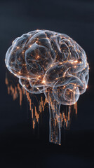 Futuristic 3D render of human brain showing glowing neural network and complex brainwave patterns. powerful concept of artificial intelligence, mind, data, and technology