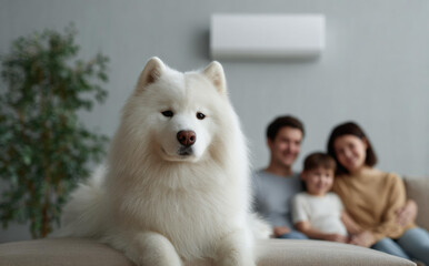 Serene white Samoyed dog sits in living room with happy Asian family on sofa in background. calm pet, child, and parents enjoy comfort at home under an air conditioner