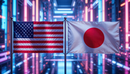 International cooperation flags digital environment technology exhibition futuristic perspective global unity