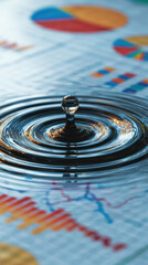 Single drop of water creates ripple effect over financial chart background. This powerful business concept shows impact and consequence of change on market data
