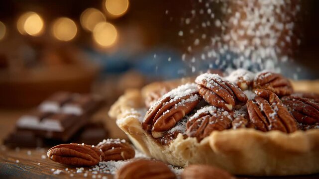 319Close-up of pecans being sprinkled over a dessert, pie crust or chocolate bark partially visible, warm ambient lighting, indulgent culinary scene