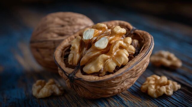 320Macro of walnuts cracked open, kernels arranged in a spiral pattern on wooden surface, natural textures and organic shapes highlighted, artistic composition