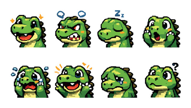 Cartoon dinosaur emoticons display various emotions in pixel art style
