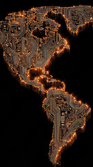 Futuristic map of America, glowing orange technological network. Dystopian concept of continent on fire with intense energy and power against dark black background