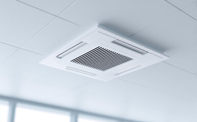Modern ceiling cassette air conditioner unit providing comfortable cooling and ventilation system. This white HVAC technology in an office creates fresh and cool atmosphere