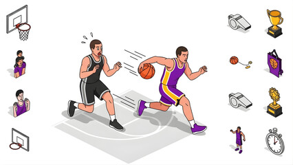Fototapeta premium Basketball players engaged in a fast-paced game, with associated sports equipment and trophies displayed