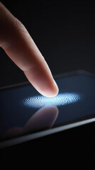 Focused close up of finger on smartphone screen, using fingerprint scanner for secure biometric authentication. Technology and security concept with glowing blue light