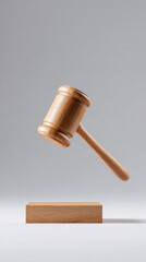 Wooden gavel floating above sound block against grey background. This dramatic scene symbolizes law, justice, authority, court, judgment, verdict, and final decision