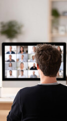 Focused man at home office desk views an online video conference meeting on computer. This remote work call shows grid of people communicating from distance