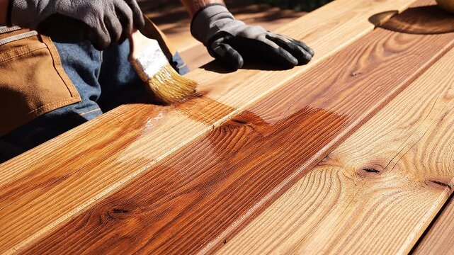 Staining a Wooden Surface: Close-Up of a Person Applying Wood Stain with a Brush