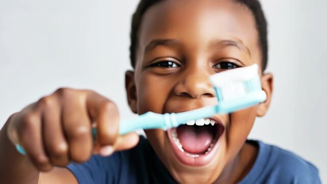 Smiling м boy holding a toothbrush with toothpaste in front of a light gray background, promoting dental hygiene, oral care for children