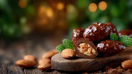 335Close-up of chocolate-covered almonds on a wooden board, some bitten to reveal nut inside, warm light creating reflections on chocolate, gourmet dessert scene