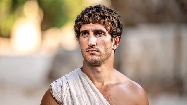 Ancient Roman citizen man in traditional white toga garment portraying classical Mediterranean civilization historical period or biblical era character portrait